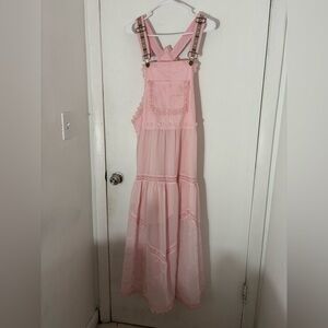 Pink Lace-Trim Sheer Maxi Pinafore Dress